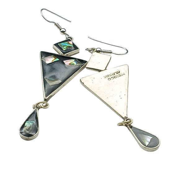 Vintage Abalone & Silver Geometric Dangle Earrings from Alpaca Mexico - Picture 4 of 4